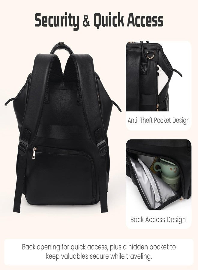 ROSEGIN Premium Vegan Leather Diaper Bag Backpack with Waterproof Changing Pad – Reinforced Stitching & Zippers, Baby Bag for Boy Girl, Stroller Straps, Ergonomic Design for Traveling Moms, Black - Image 4